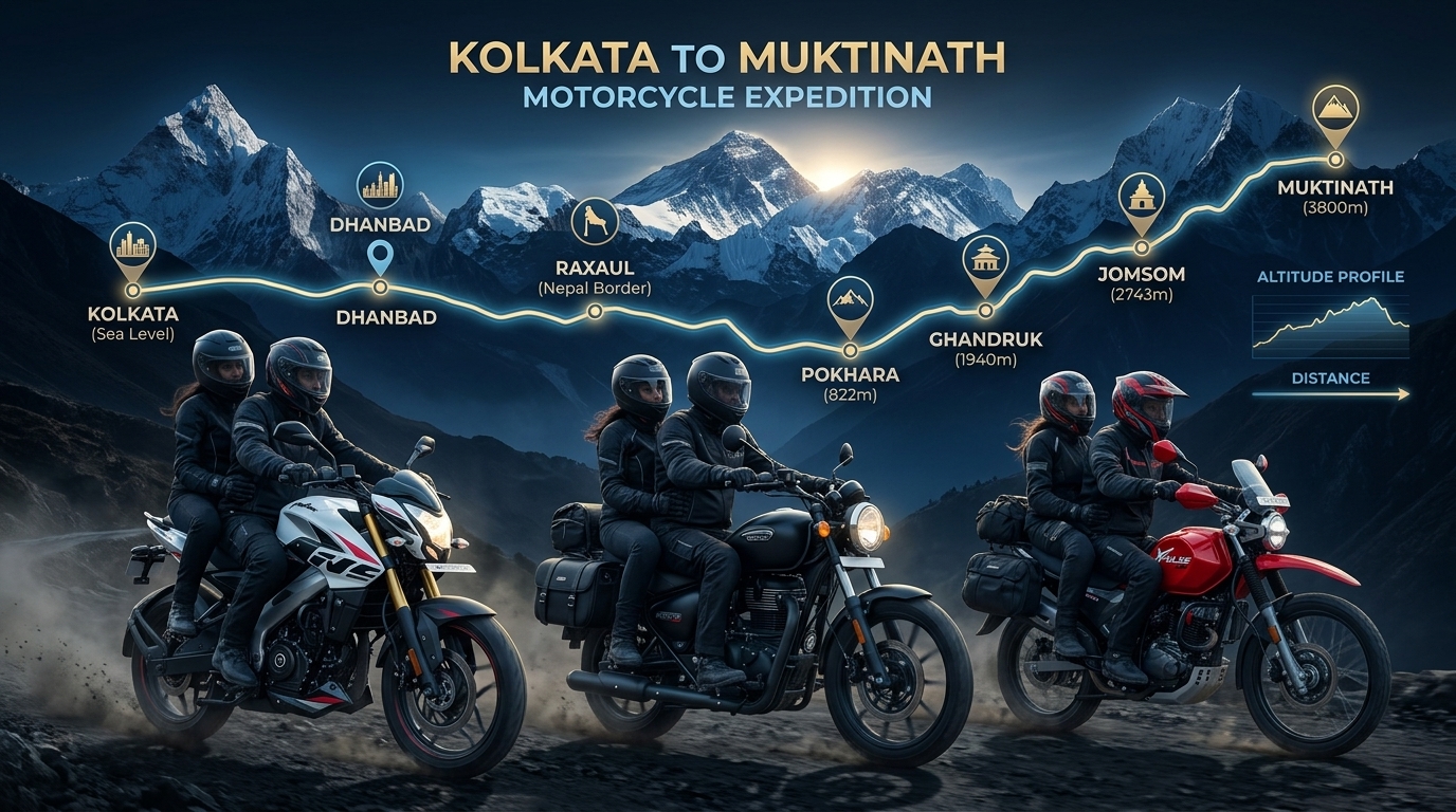 Kolkata to Muktinath Motorcycle Expedition Route Map & Bikes